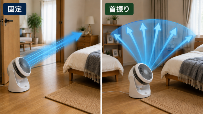 寝室でサーキュレーターの固定送風と首振り運転による風の広がり方を比較したイメージ