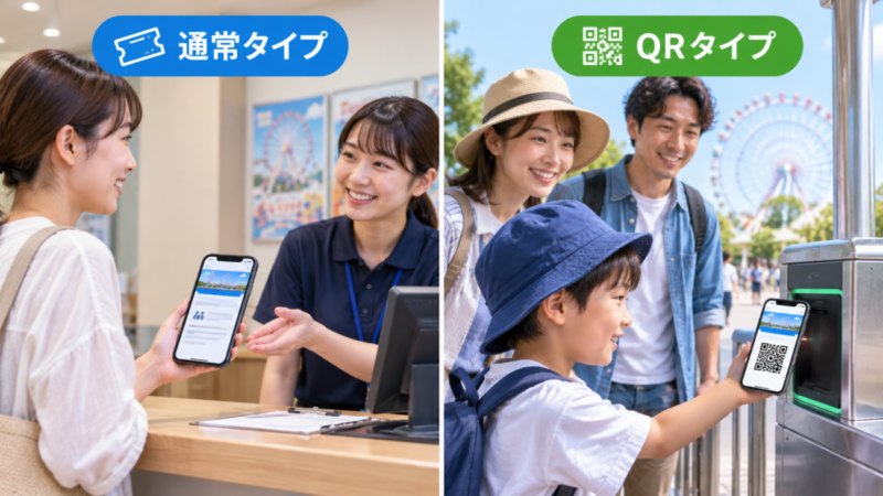 通常タイプの電子チケットを受付で提示する場面とQRコードタイプを入場ゲートで使う場面の比較
