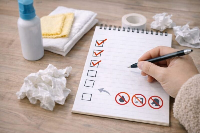 結露対策の手順をチェックしながら道具を準備している様子