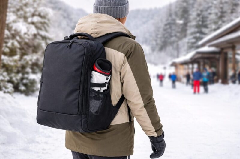 リュック型のバッグでスキーブーツを運ぶ冬の移動シーン