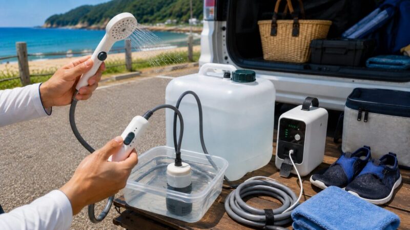 水中へ給水ポンプを沈めてポータブルシャワーの水圧と止水機能を確認する手元