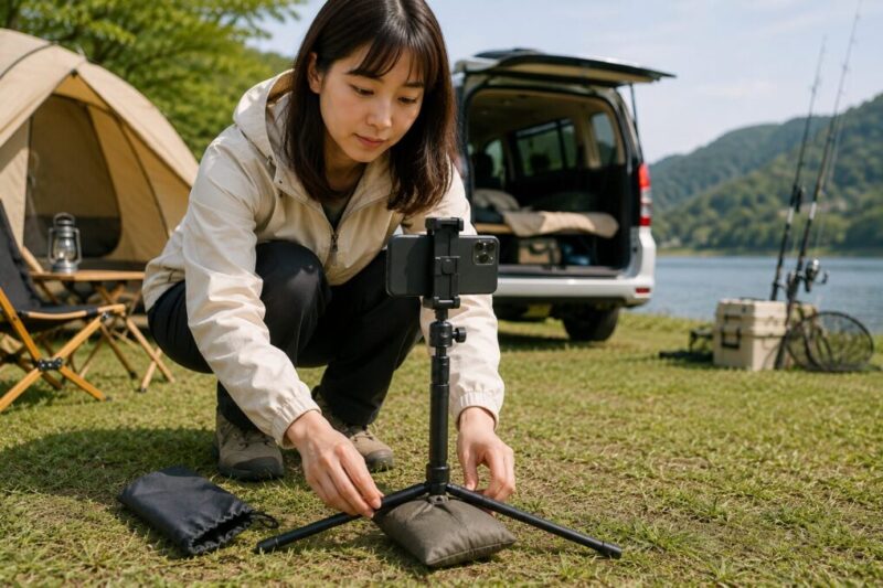 湖畔のキャンプ場で重しを使ってスマホ三脚を安定させる女性