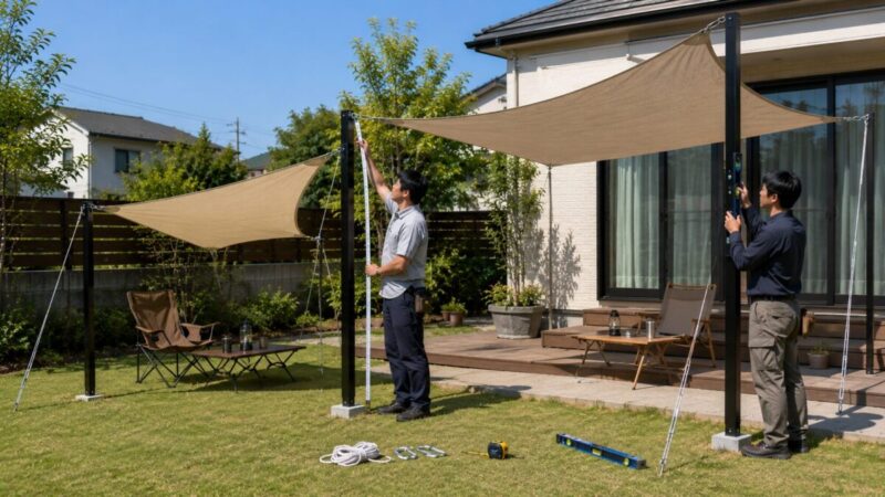 日除けシェードの大きさに合わせてポールの高さと太さを確認する様子