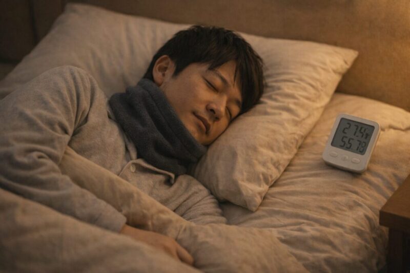 ネックウォーマーを着けて就寝し、枕元の温湿度計で寝室環境を確認しているイメージ