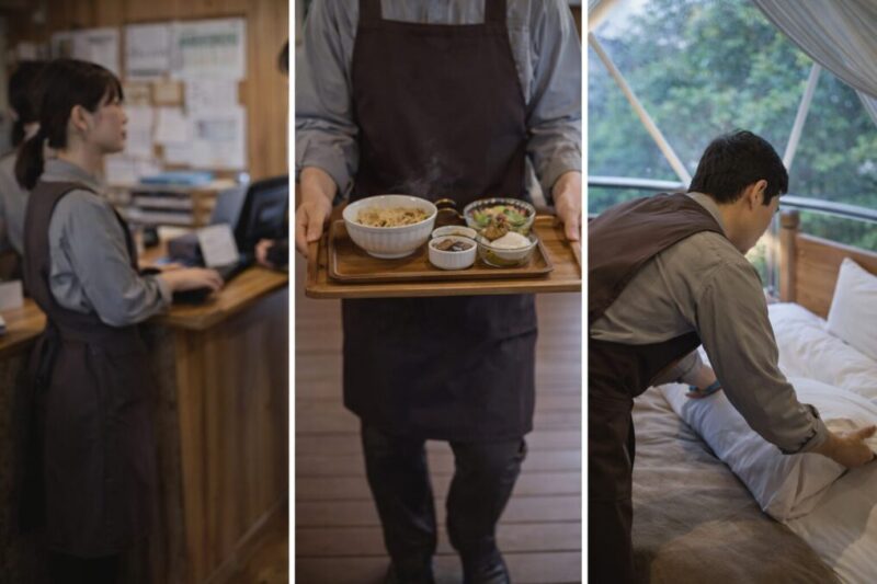 グランピングスタッフの仕事内容を表す複合イメージ