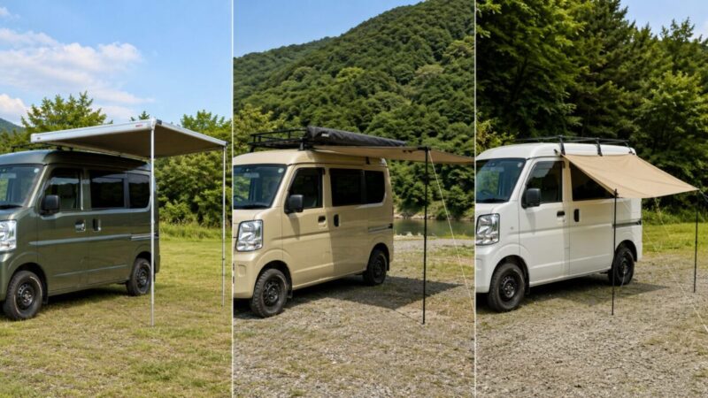 エブリイに使える巻き取り式・収納袋式・カーサイドタープの違いを比較した画像