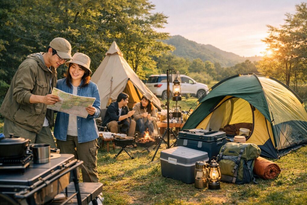 キャンプサイトのテーブルにさまざまなキャンプ道具を並べ、ブランド比較をイメージできる写真