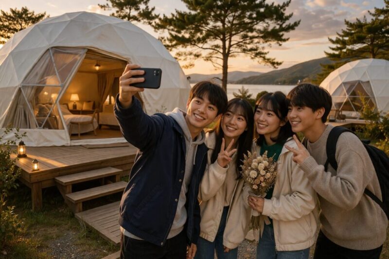 卒業旅行でグランピングを楽しむ学生グループのイメージ