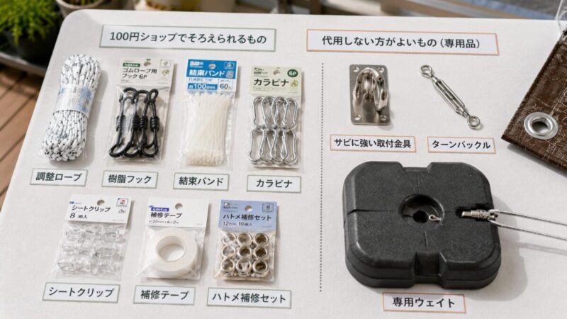 日よけシェードの補助に使うロープやフックと専用の取付金具やウェイトを比較した様子