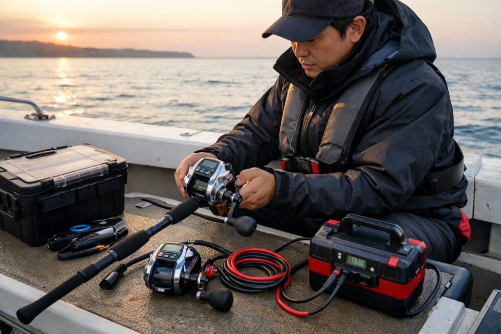 船釣り初心者向けに電動リールとバッテリーを船上で準備している実用イメージ