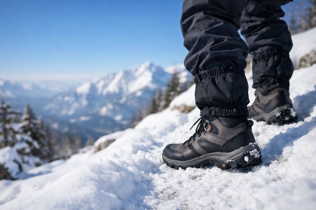 雪の登山道で踏ん張る冬用登山靴の足元