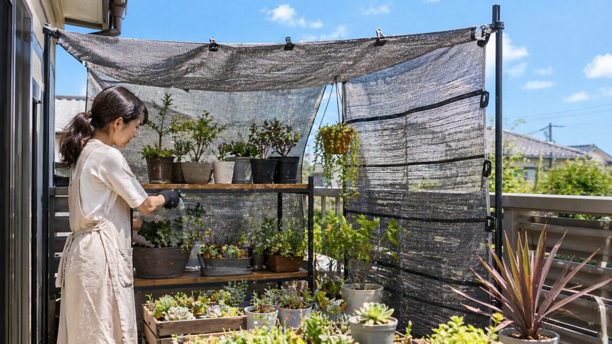 ベランダの植物棚に遮光ネットを張り、鉢植えや多肉植物を夏の日差しから守っている様子