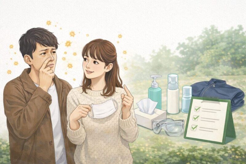 外遊び前に花粉対策の持ち物を確認しながら、体調に合わせた過ごし方を相談している様子のイメージ