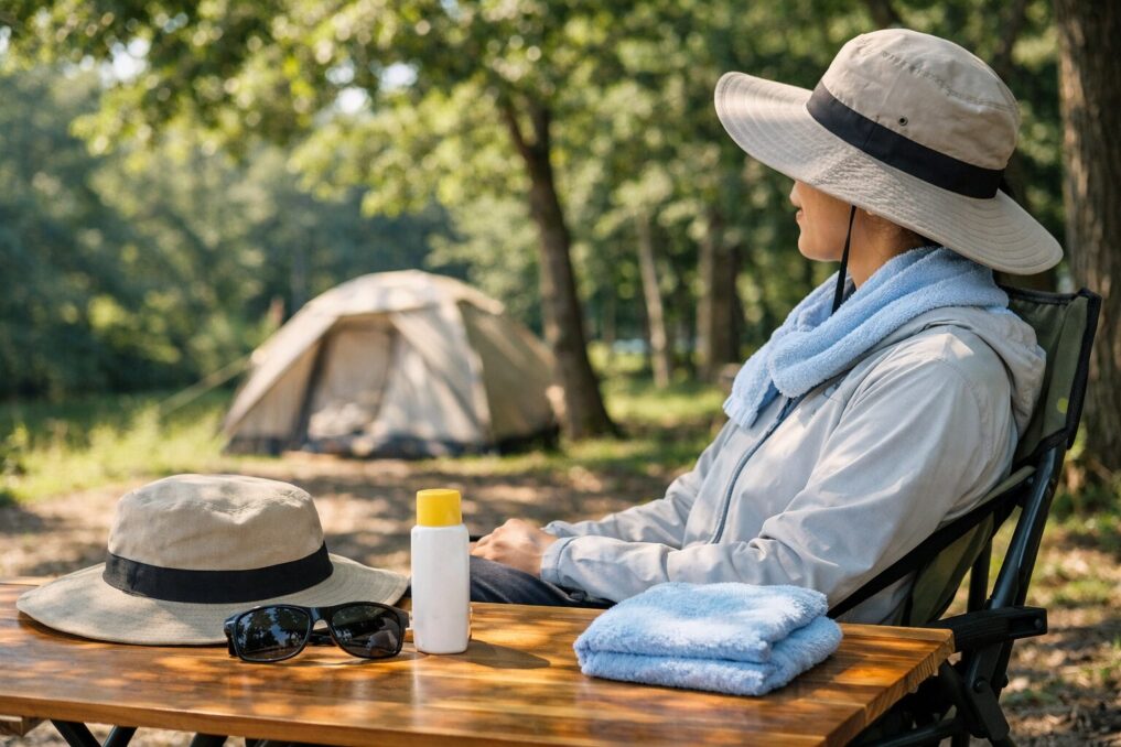 キャンプ場で紫外線対策グッズを揃えた外遊び向けUV対策のイメージ
