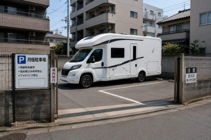都市部の平置き駐車場でキャンピングカーの保管場所を確認している様子