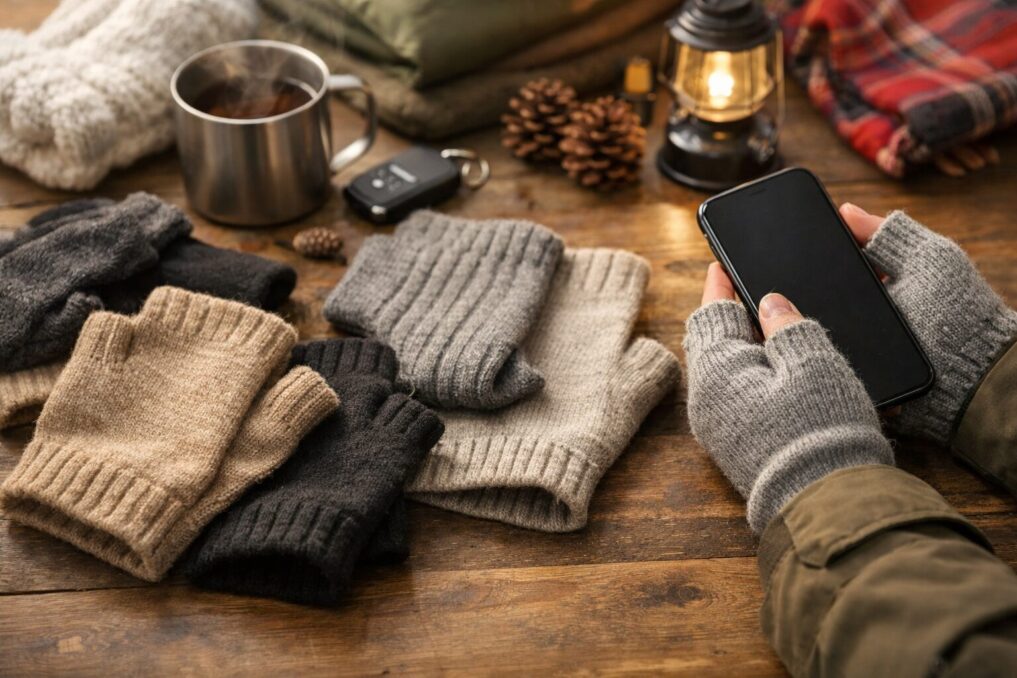 冬のアウトドアテーブルに並べたニットのハンドウォーマーと、スマホを操作する手元のイメージ
