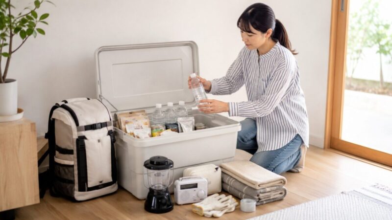 白い収納ボックスに保存水や非常食、ランタン、救急用品をまとめた防災備蓄の室内収納イメージ