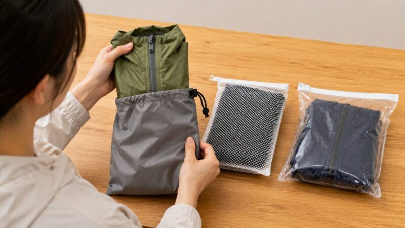 巾着袋、透明な防水ポーチ、メッシュ袋と畳んだレインウェアを並べて収納方法を比べている様子。