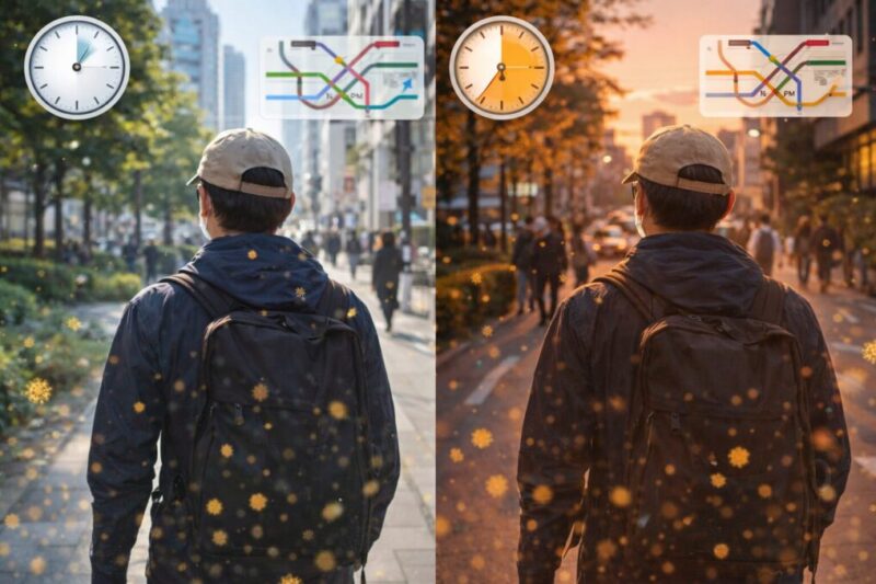 東京の朝夕で花粉の体感差を確認するイメージ