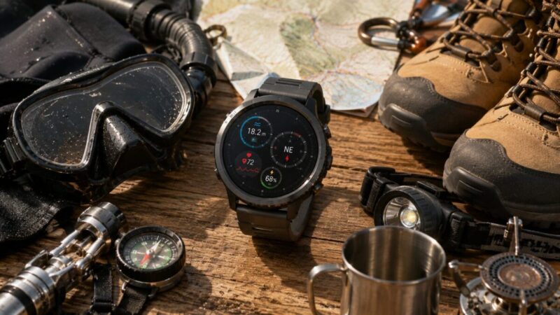 ダイビング用品と登山道具に囲まれた高機能アウトドアウォッチの比較イメージ