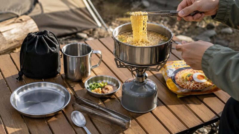 ソロキャンプで小型クッカーを使って袋麺を調理している様子