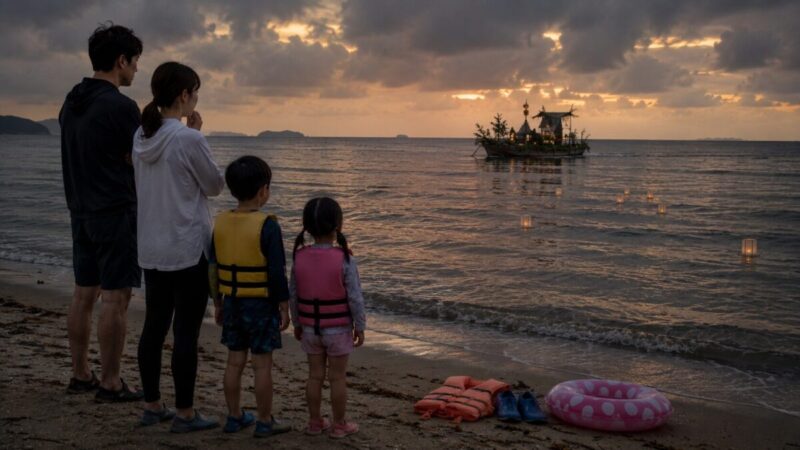 お盆の夕暮れに灯籠と送り舟を海岸から見つめる家族