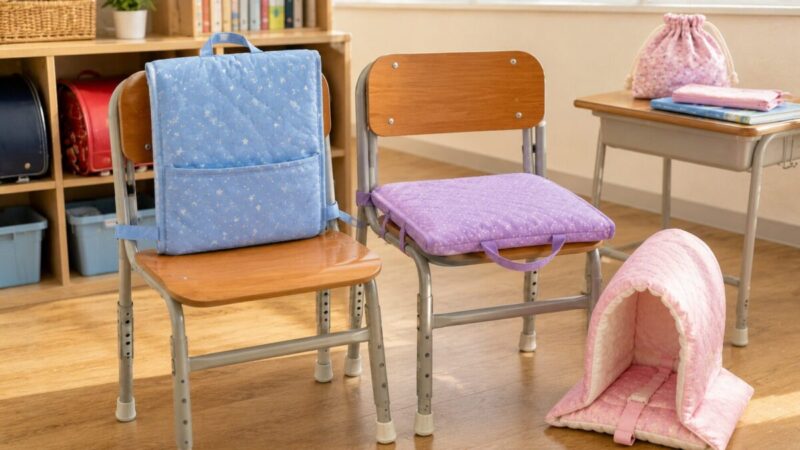 学校の椅子に取り付ける防災頭巾カバーと座布団型カバーを比較する様子