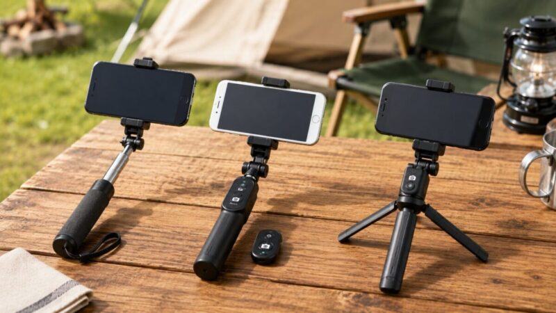 手持ち型とリモコン付きと三脚一体型の自撮り棒を並べた比較イメージ