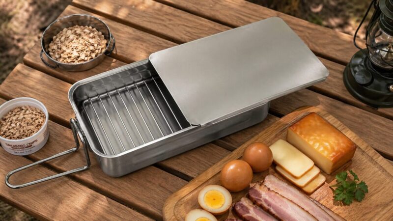 角型ステンレス製ミニスモーカーの構造と少量の燻製食材を並べたキャンプ調理の様子