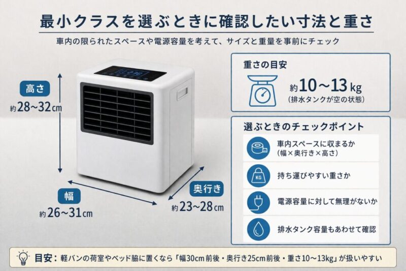 車載しやすい小型冷房機の大きさや重さを比較し、選ぶ前に確認したいポイントを整理したイメージ図