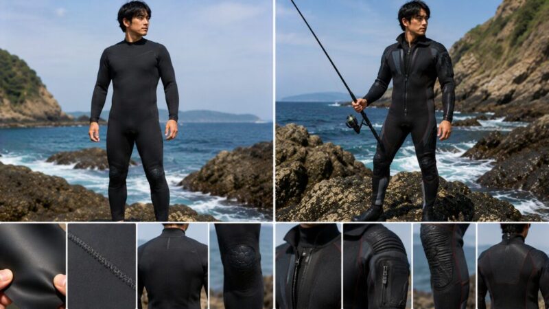 シンプルな汎用ウェットスーツと前開きや補強を備えた釣り向けウェットスーツの比較