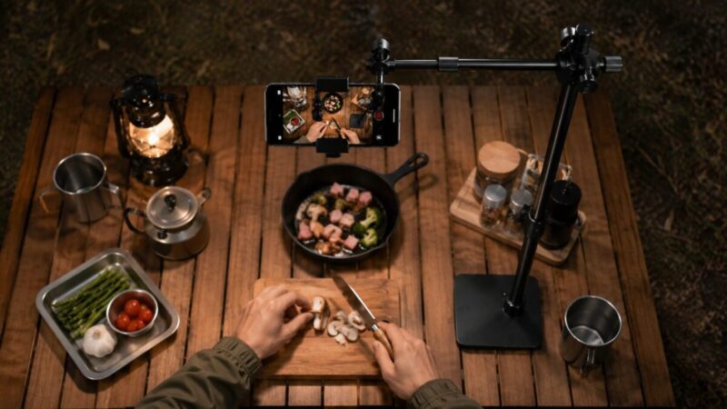 キャンプテーブルで料理の手元を真上からスマホ撮影するアームスタンド