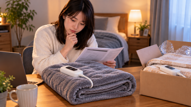 電気毛布の取扱説明書を確認し修理や買い替えを検討する女性