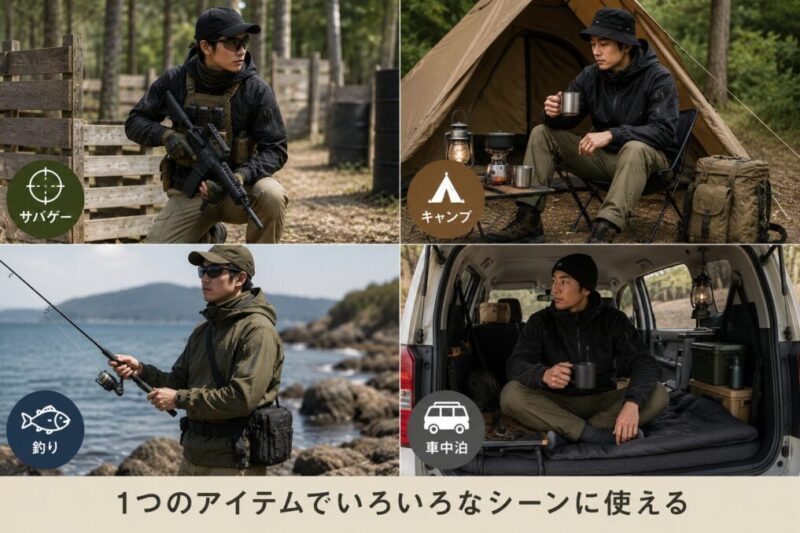 サバゲーからキャンプ釣り車中泊まで使い回せるワークマン風アウトドア服装