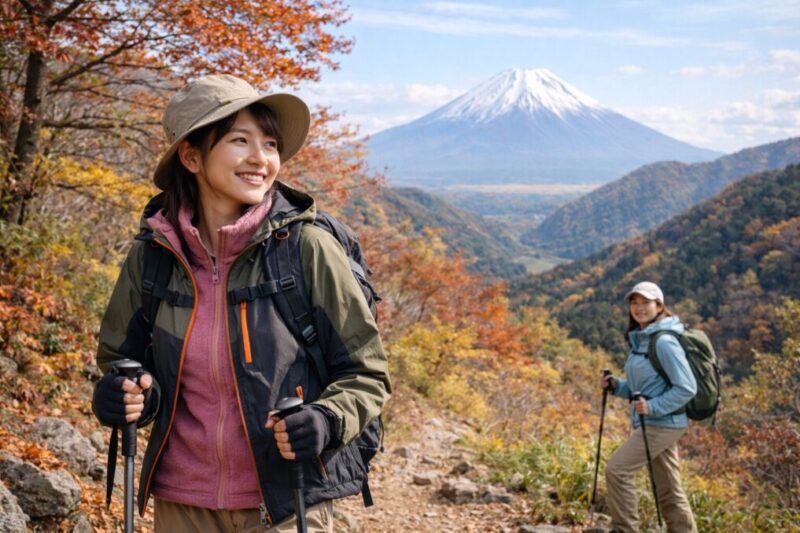 紅葉の登山道で、防風ジャケットと中間着を重ねた女性が歩く様子