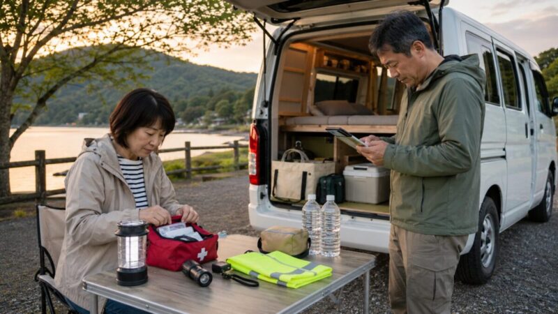 夕方の湖畔で夫婦がキャンピングカーの横に安全用品や水を並べて旅の備えを確認している様子