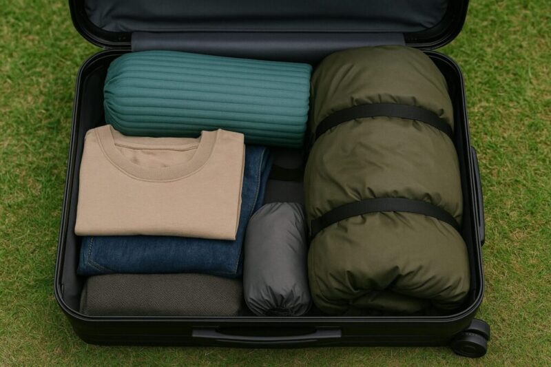 芝生の上に置いた開いたキャリーケースの中に寝袋とマット、衣類やスタッフサックが隙間なくきれいに収納されている様子