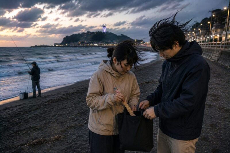 風が強い海辺で釣り人に配慮し、手持ち花火をバッグへ片付ける大人2人