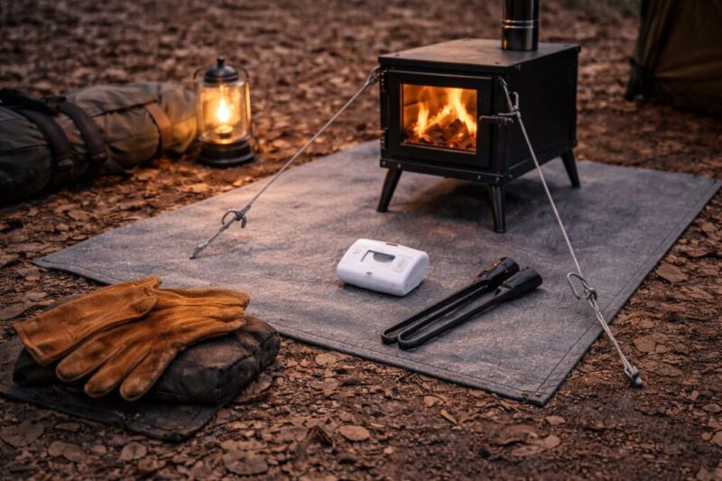 耐熱シートの上に薪ストーブを置き、煙突をワイヤーとペグで固定して安全対策をしている場面