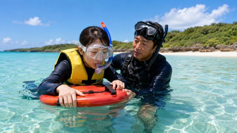 ライフジャケットとフロートを使い、インストラクターに見守られながら浅瀬で呼吸を練習するシュノーケリング初心者