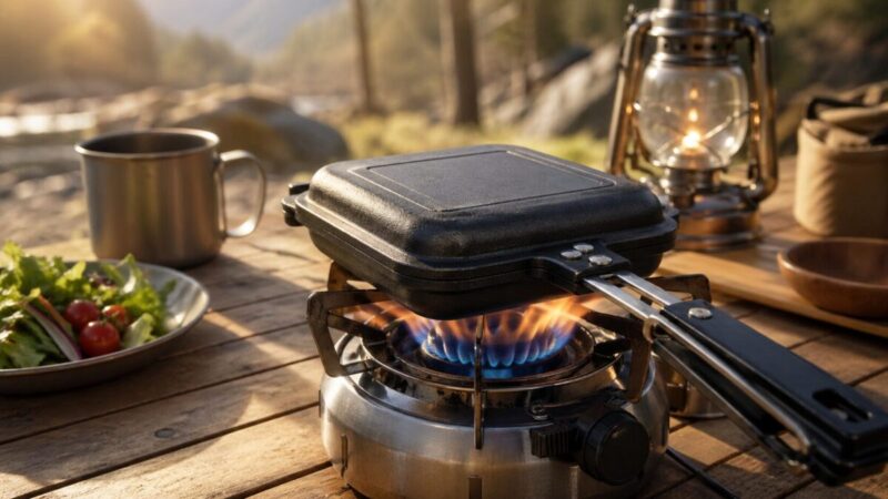 小型ガスバーナーでホットサンドメーカーを加熱する直火調理のイメージ