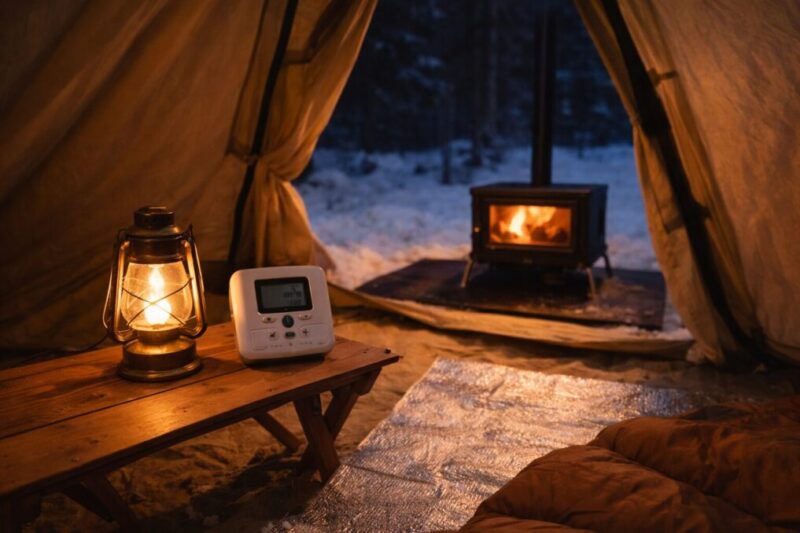 テント内暖房で一酸化炭素対策と換気を意識する様子