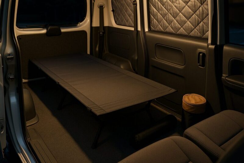 コスパ重視のコットを車中泊で試すイメージ。