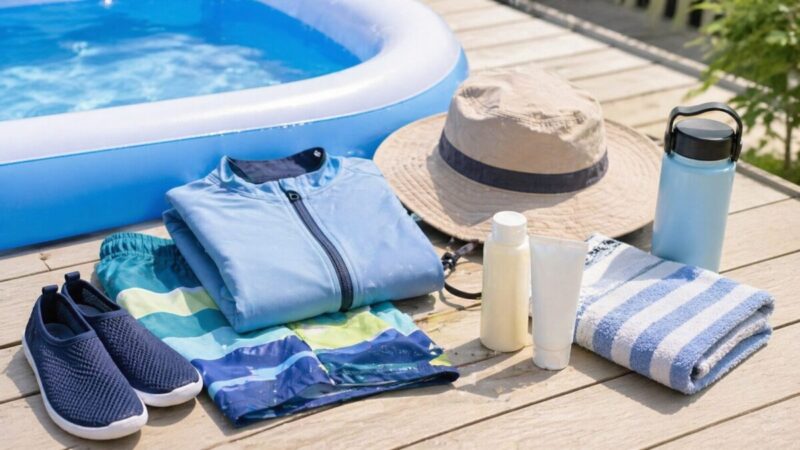 庭プールの日焼け対策としてラッシュガードや帽子を準備した持ち物例