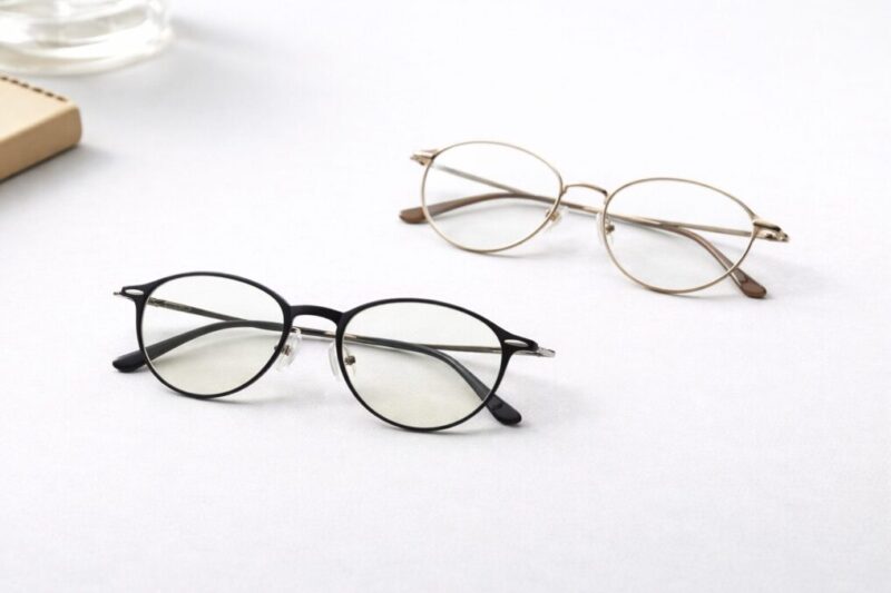 細いボストン型と軽量感のあるフレームをやわらかい背景で並べ、日常使いしやすい仕様の違いをイメージした商品ビジュアル