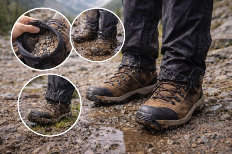 砂利や泥の道でゲイターを装着した登山靴の足元イメージ