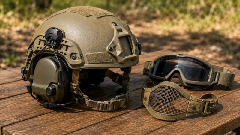 タクティカルヘルメットにヘッドセットを取り付けたサバゲー装備の側面写真