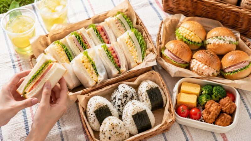 サンドイッチやロールパン、おにぎりを並べ、手でサンドイッチを持つピクニックランチ