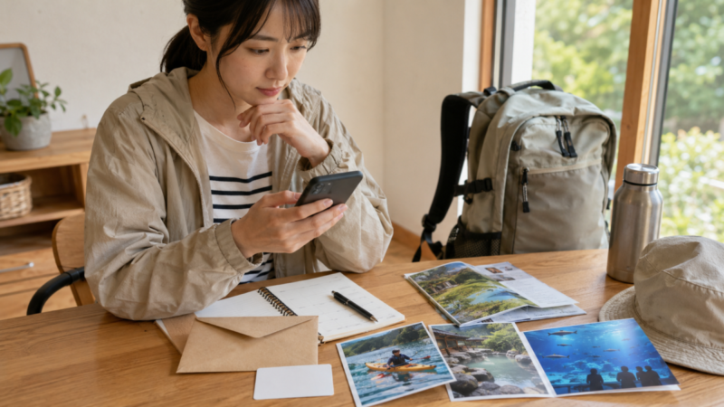 外遊びの準備をしながらスマホでギフト利用内容を確認する女性