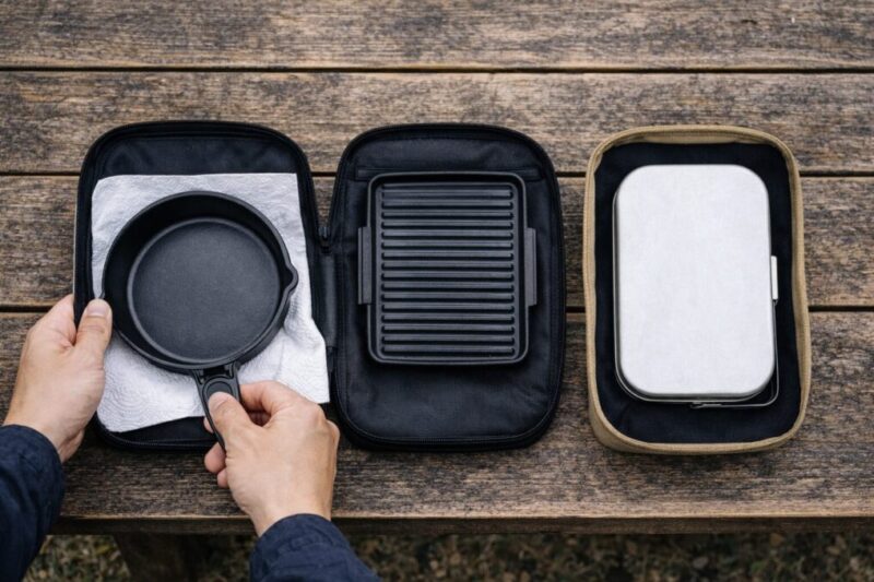 調理ギアをそれぞれケースに分けて入れ、汚れが他の荷物へ移らないようにするイメージ